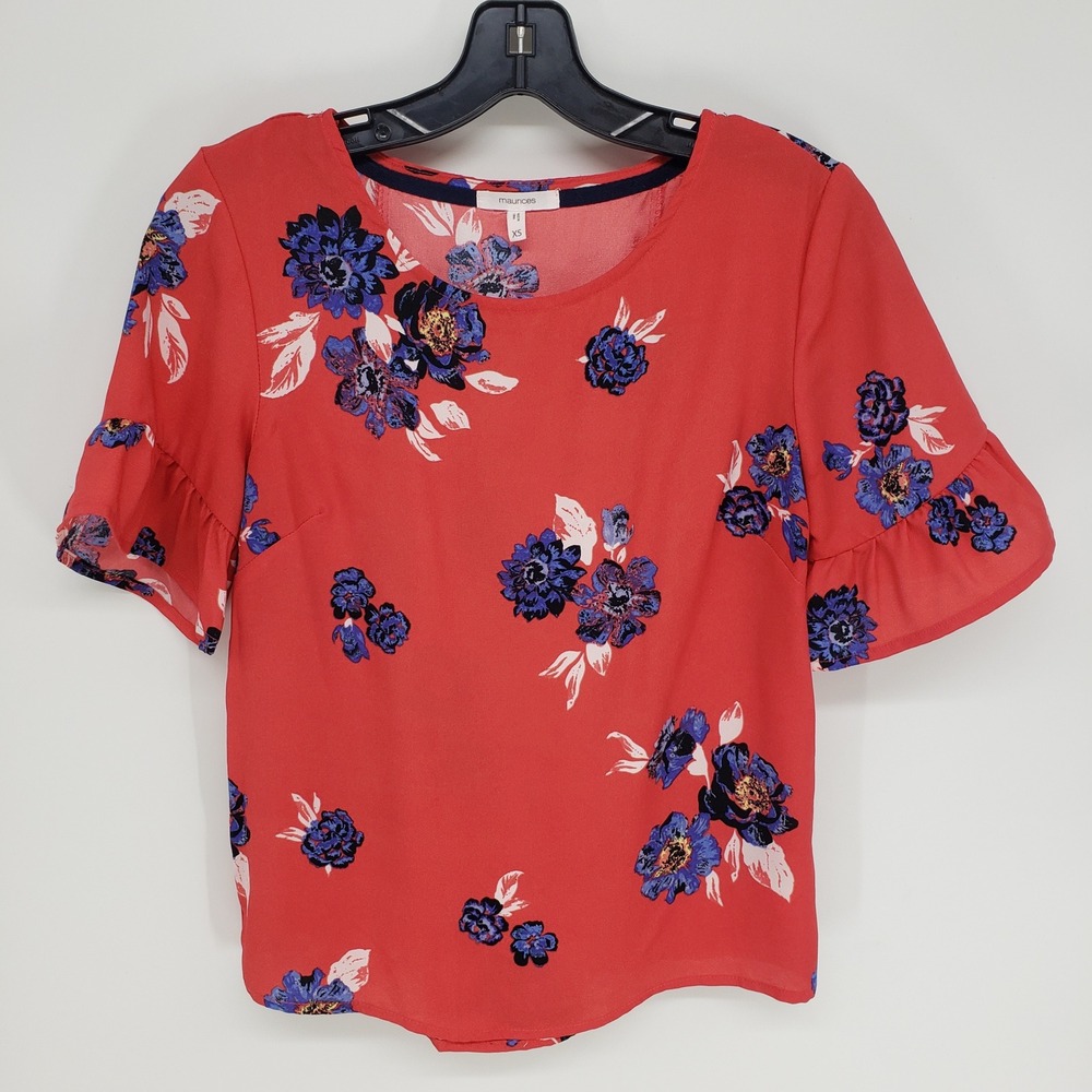 Maurices Floral Print Blouse Womens Size XS Red Flutter Sleeve Lace Up Back Top